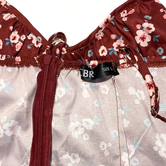 Cbr Burgundy Floral Print Back Zip Side Split Sleeveless Dress Women Size L - Picture 8 of 12